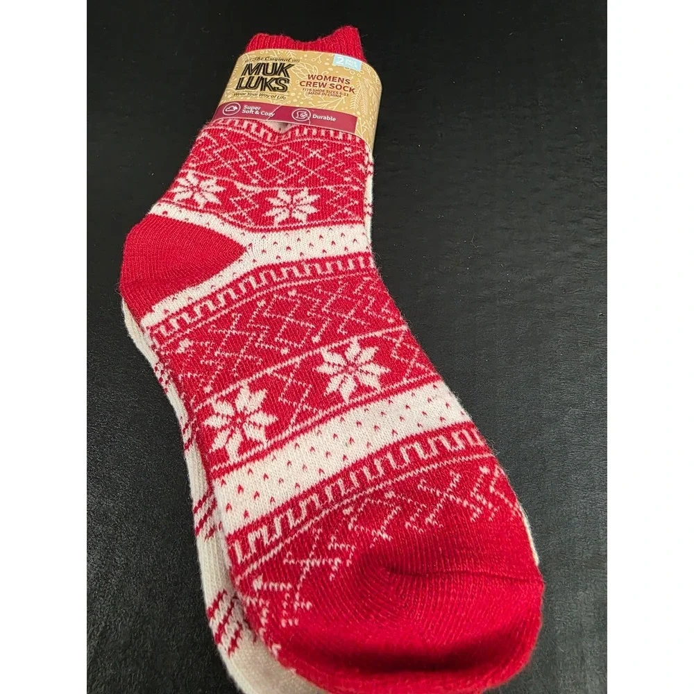 Muk‎ Luks Womens Crew Socks 2 Pack Red White Fair Isle Plaid OSFM 2200011-601